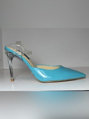 Nine West Sparkel Blue Patent Stiletto Pumps Clear Lucite Heels 6M